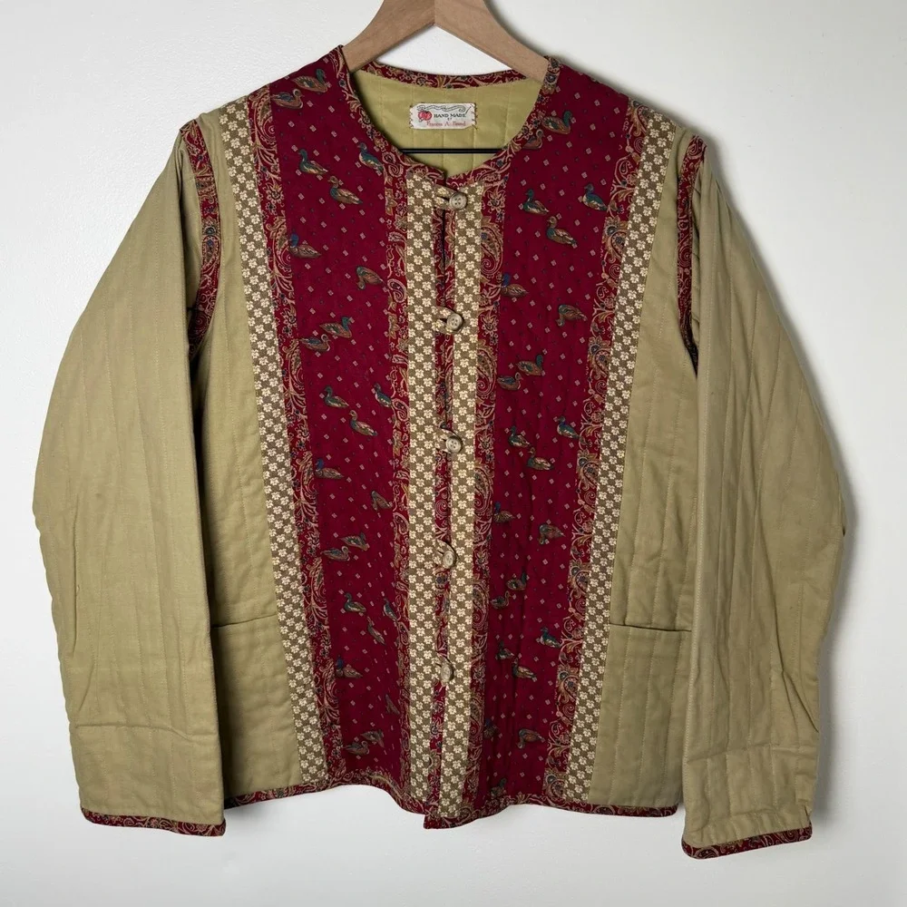 Vintage Quilted Jacket Womens Large Tan Red Duck Paisley Patchwork Handmade Boho